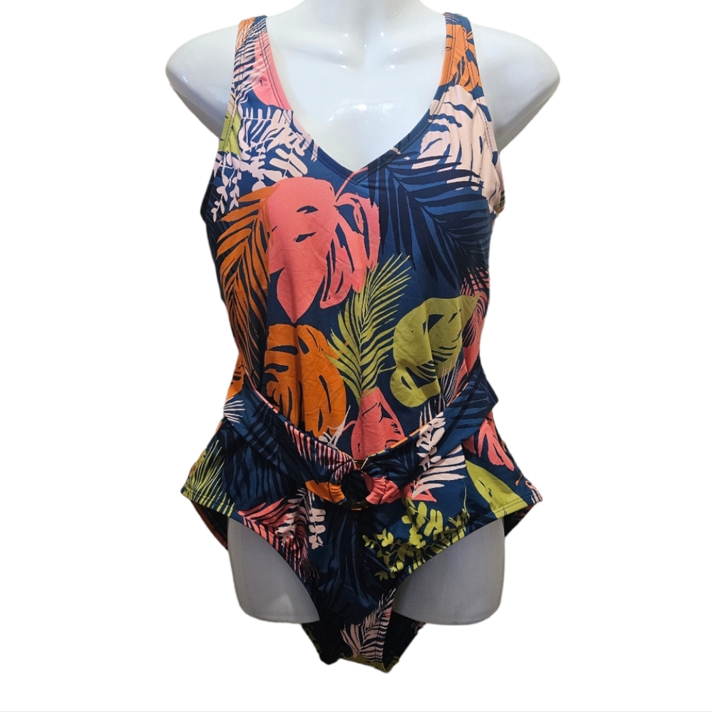 SEA Angel One Piece Swimsuit Floral  Leaf Multicolor  Belt in Front  XL
